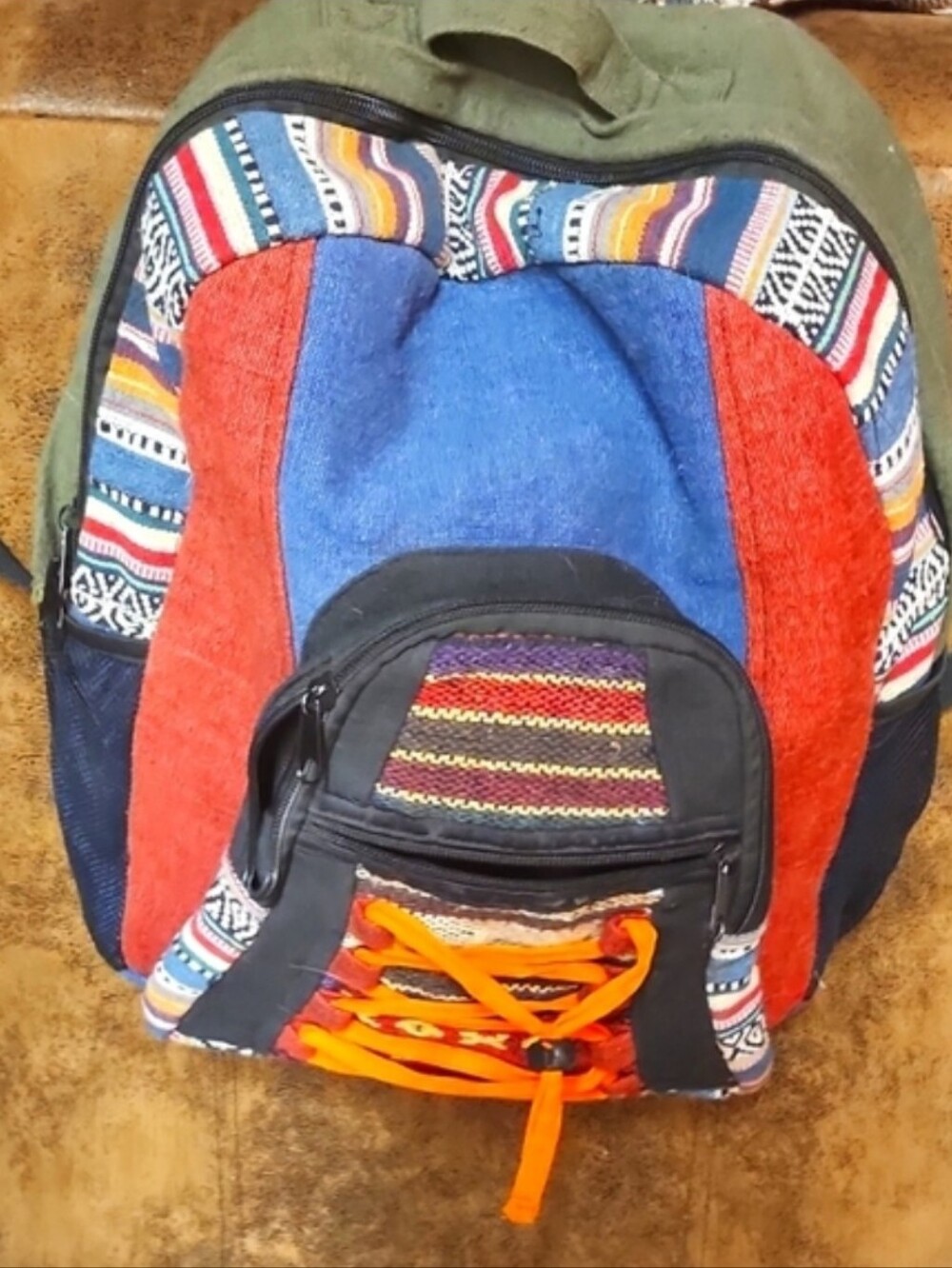 Rising International Multicolor Canvas Backpack - Blue & Red with Orange Accents